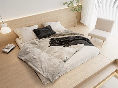 Modern Wooden Double Bed with White Black Pillows Gray Blanket Light Chair Green Plant Lamp 3d model