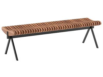 Wooden Outdoor Bench With Wavy Slat Design And Black Metal Legs 3d model