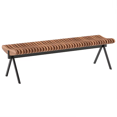 Wooden Outdoor Bench With Wavy Slat Design And Black Metal Legs 3d model