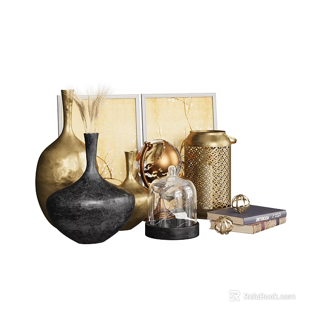 Elegant Decorative Ornament Combination With Gold Lantern Black Vase Wheat Stems Glass Cloche And Books 3d model 