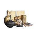 Elegant Decorative Ornament Combination With Gold Lantern Black Vase Wheat Stems Glass Cloche And Books