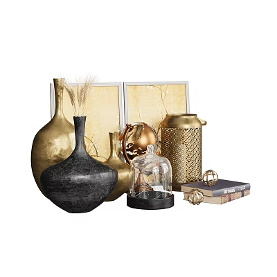 Elegant Decorative Ornament Combination With Gold Lantern Black Vase Wheat Stems Glass Cloche And Books 3d model