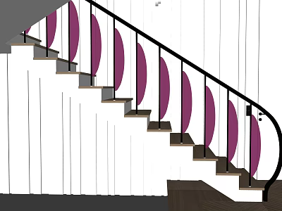 Modern Staircase With Black Railings Purple Circular Decorations And White Wall 3d model