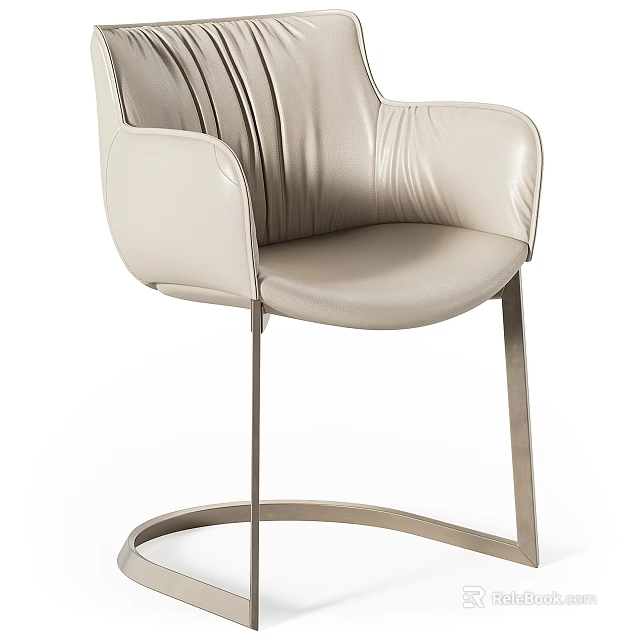 Modern Beige Leather Dining Chair With Curved Back Armrests And Metal Swivel Legs 3d model 