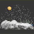 Snow Covered Circular Terrain With Blue Water Area Green Trees Yellow Sphere And Falling Snowflakes