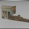 Aged Building Structure With Weathered Brick Walls Green Door Windows And Partial Ruins