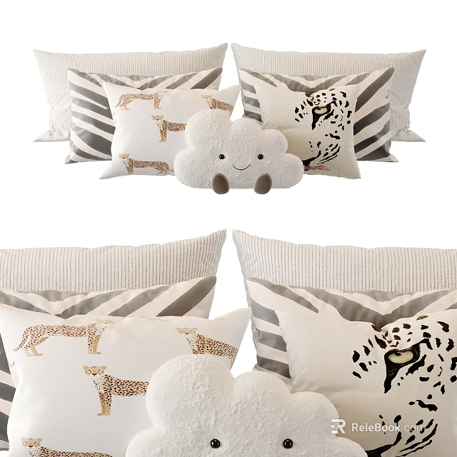 Beige Bedding With Giraffe Zebra Patterns Striped Pillows And Cloud Shaped Plush Toy 3d model 