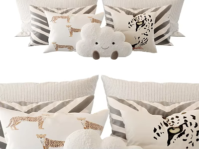 Beige Bedding With Giraffe Zebra Patterns Striped Pillows And Cloud Shaped Plush Toy 3d model