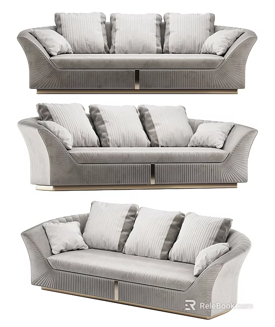 Modern Gray Upholstered Sectional Sofa With Striped Pillows And Metal Legs 3d model 