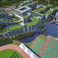 Modern School Buildings Featuring Green Roofs Sports Field Basketball Courts and Surrounding Trees