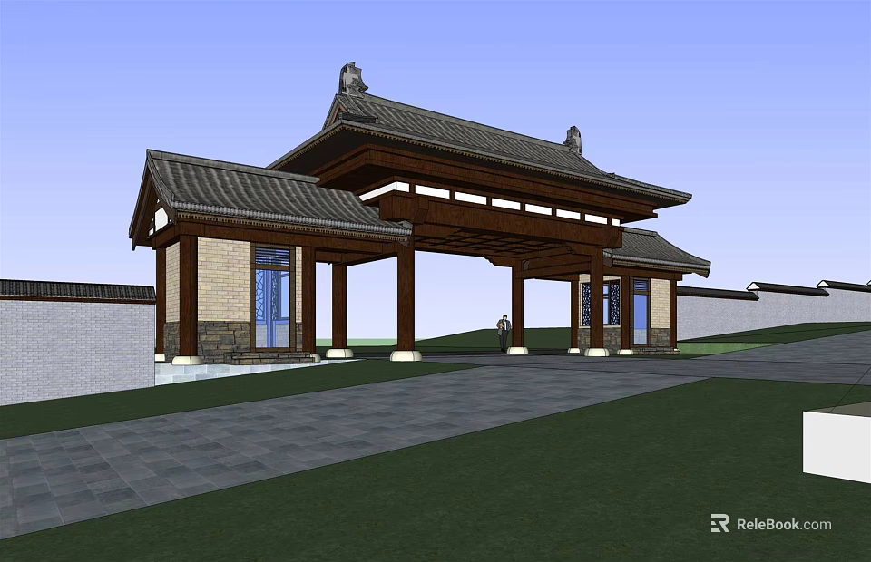 Traditional Chinese Entrance Gate With Hipped Roof Wooden Pillars And Stone Portico 3d model 