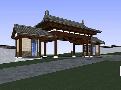Traditional Chinese Entrance Gate With Hipped Roof Wooden Pillars And Stone Portico 3d model