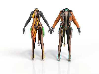 Two Stylish Fashion Costume Designs On Humanoid Models With Decorative Elements 3d model