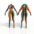 Two Stylish Fashion Costume Designs On Humanoid Models With Decorative Elements