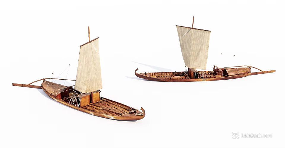 Two Traditional Wooden Boats With White Sails And Detailed Wooden Hull Structure 3d model 