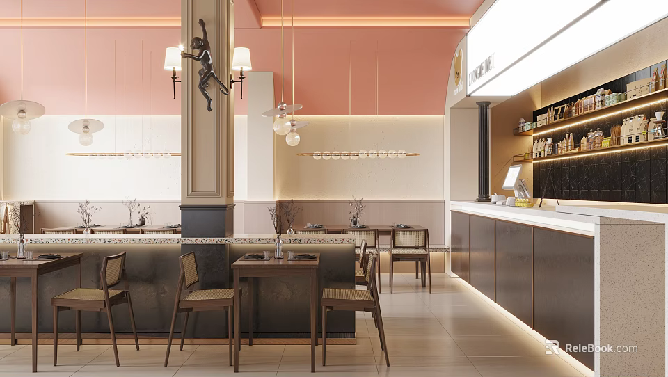 Warm Toned Restaurant Interior With Pendant Lights Dining Tables Chairs Bar Counter And Decorative Column 3d model 