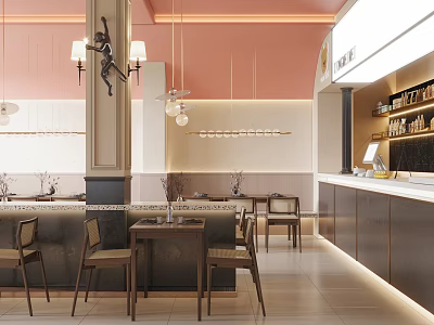 Warm Toned Restaurant Interior With Pendant Lights Dining Tables Chairs Bar Counter And Decorative Column 3d model