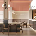 Warm Toned Restaurant Interior With Pendant Lights Dining Tables Chairs Bar Counter And Decorative Column