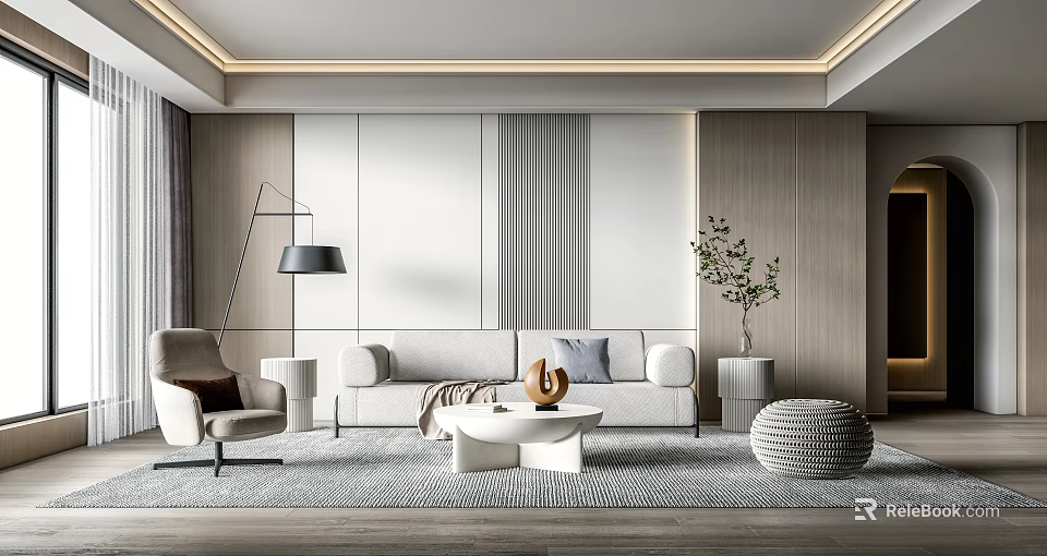 Modern Living Room Interior Design With Light Colored Sofa Rug Floor Lamp And Potted Plant 3d model 