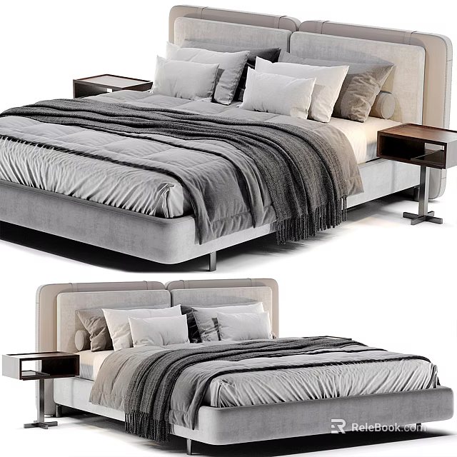 Elegant Modern Double Bed With Gray Blanket Pillows And Side Nightstands 3d model 