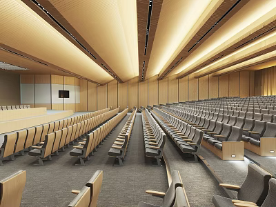 Modern Conference Hall Spacious Interior With Wooden Walls Rows Of Seats And Ceiling Design 3d model