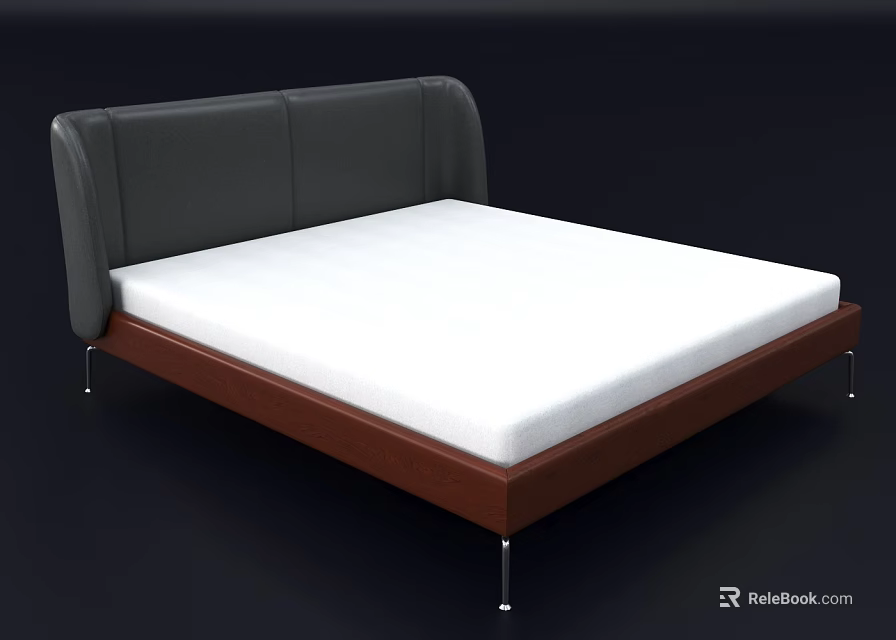 Modern Double Bed With Gray Headboard Wooden Frame And White Mattress 3d model 