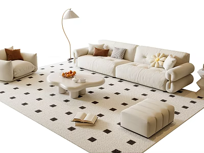 Modern White Sofa and Coffee Table Set with Floor Lamp Ottoman and Patterned Rug 3d model