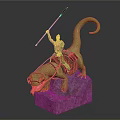 Muscular Warrior Riding Yellow Beast With Curled Tail Red Tongue Holding Spear On Rock Base