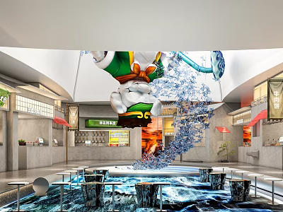 Modern Restaurant Interior With Hanging Cartoon Character Water Flow Effects Bar And Dining Tables 3d model