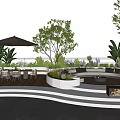 Modern Rooftop Garden With Umbrella Tables Chairs Trees Plants Fire Pit And Wooden Deck