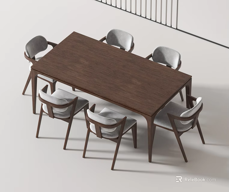 Modern Wooden Rectangular Dining Table Set With Six Gray Chairs 3d model