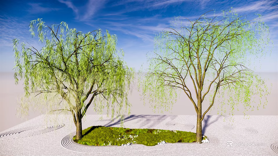 Two Graceful Willow Trees In Scenic Landscape With Green Grass Pebbles And Blue Sky 3d model 