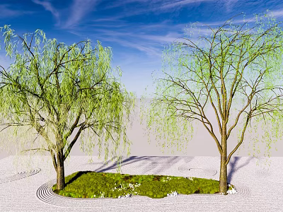 Two Graceful Willow Trees In Scenic Landscape With Green Grass Pebbles And Blue Sky 3d model
