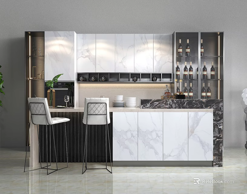 Modern Kitchen Bar Counter With Marble Top Bar Stools And Wine Rack Cabinets 3d model 