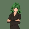 Character With Green Hair In Black Dress Arms Crossed Three Angles Standing View