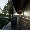 Serene Garden Landscape With Lush Trees Wooden Platform Grass Traditional Pavilion Lighting and People Walking