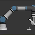 Industrial Robotic Arm With Blue Joints Grabbing Screw And Mechanical Parts