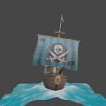 Pirate Ship With Blue Sail Skull and Crossbones Flag Wooden Hull on Waves