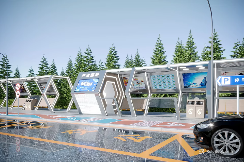 Modern Bus Station With Digital Screens Trees Parking Area And Vehicle 3d model 