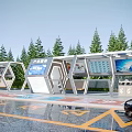 Modern Bus Station With Digital Screens Trees Parking Area And Vehicle
