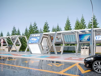 Modern Bus Station With Digital Screens Trees Parking Area And Vehicle 3d model