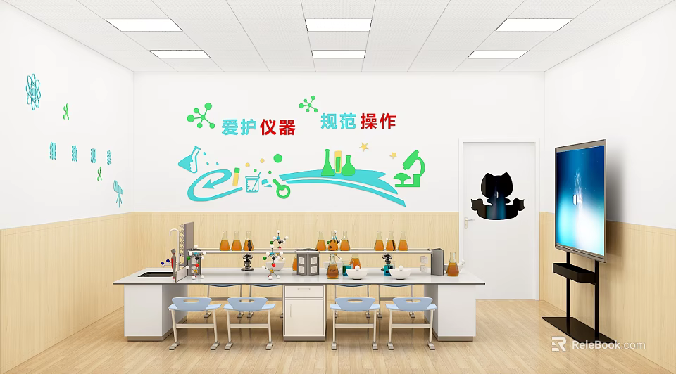 Neatly Arranged Laboratory With Lab Benches Instruments Stools And Operation Slogans 3d model 