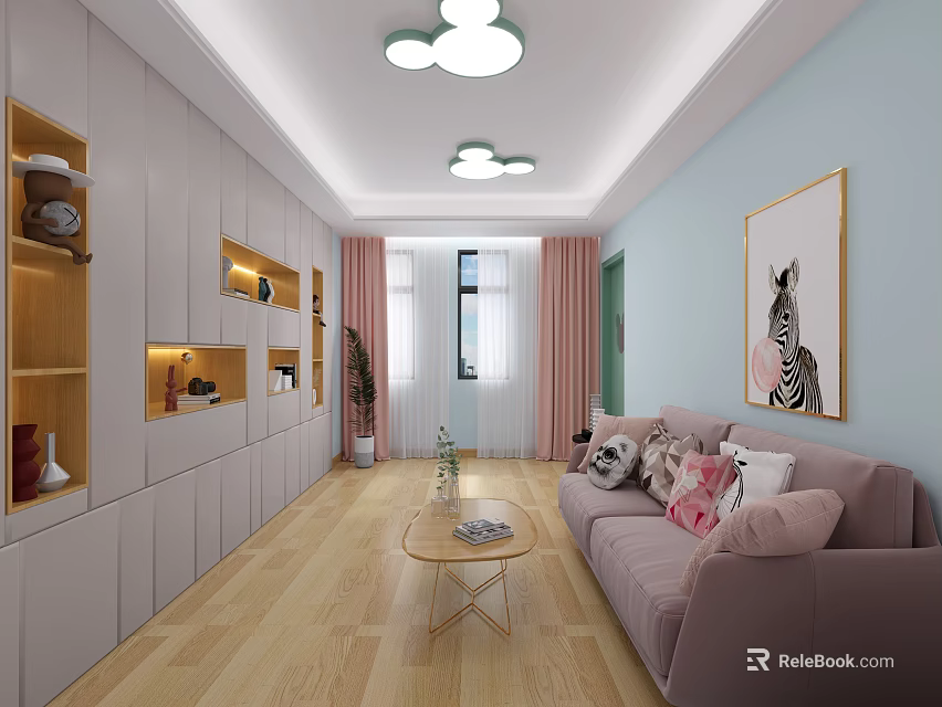 Living Area With Light Blue Walls White Cabinets Wooden Flooring Pink Sofa And Cloud Lights 3d model 