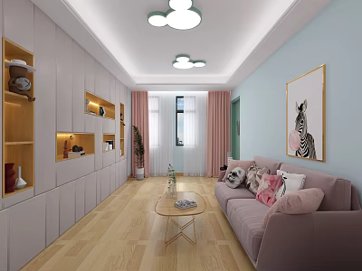 Living Area With Light Blue Walls White Cabinets Wooden Flooring Pink Sofa And Cloud Lights 3d model