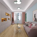 Living Area With Light Blue Walls White Cabinets Wooden Flooring Pink Sofa And Cloud Lights