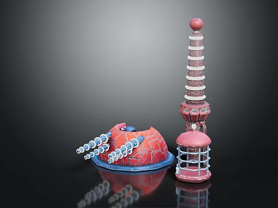 Layered Tower With Red Spherical Top And Dome Building With Blue Base White Spiral Decorations 3d model