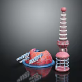 Layered Tower With Red Spherical Top And Dome Building With Blue Base White Spiral Decorations