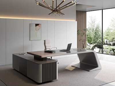 Elegant Modern Office Desk With Ergonomic Chair Laptop Artwork Large Windows And Trees Outside 3d model