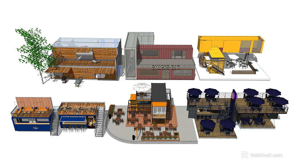 Modern Shipping Container Buildings With Multiple Units Outdoor Seating And Staircases 3d model 