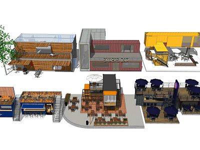Modern Shipping Container Buildings With Multiple Units Outdoor Seating And Staircases 3d model